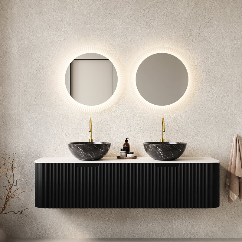 Meuble de rangement pour salle de bain de 60 po, 2 tiroirs, lavabos en céramique noire, motif de pierre, fini rayé 3D, contreplaqué haute résistance, grande capacité de rangement