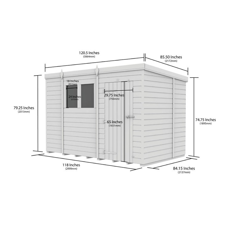 10ft x 7ft Pent Shed - Double Door with Windows