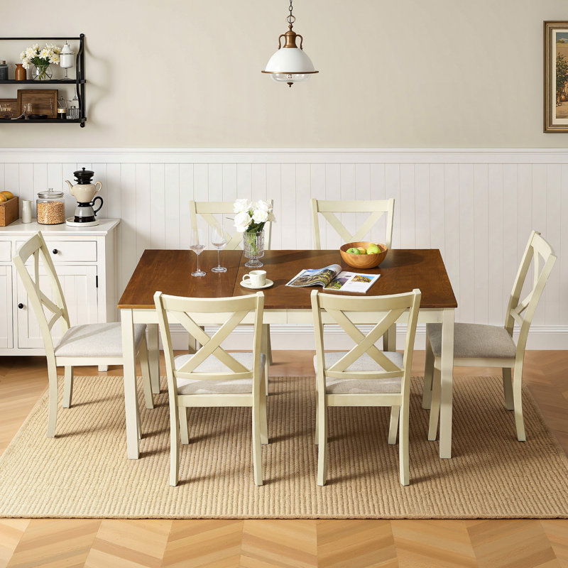 Deral 6 - Person Farmhouse Rectangular Solid Wood Dining Set, Brown/White, Brown/White, White