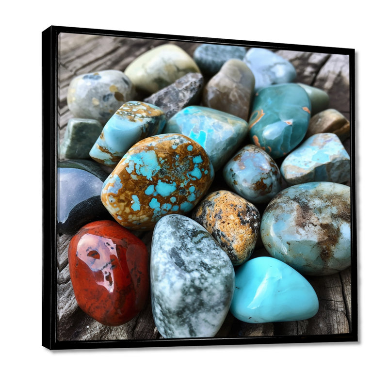 Ethnique turquoise, composition de pierres spirituelles, Cadre flottant noir, H 16 po x l 16 po x P 1 po