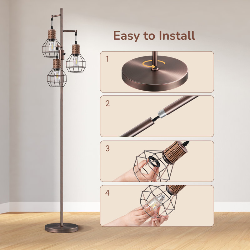 Ellzey 65"  Rattan Tree Floor Lamp with Dimmable Bulbs and Rotary Switch Included, Antique Red Copper