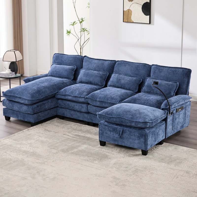 Canapé-lit modulaire en chenille à 4 places en U avec méridienne pour le salon 106 po. Canapé modulaire en nuage, chenille douce et respirante, structure en contreplaqué, ports de type C, rangement pour repose-pieds amovible,