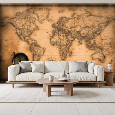 Papier peint auto-adhésif, parchemin rétro, carte du monde, parchemin vieilli 69 po x l 96 po, papier peint amovible en PVC, art mural pour chambre à coucher, salon