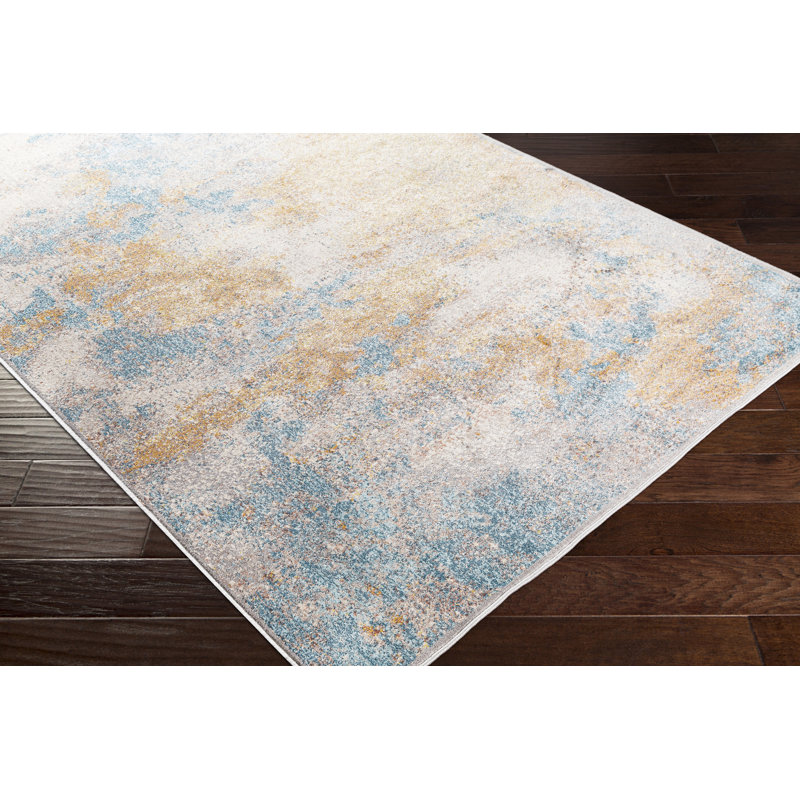 Tapis abstrait camel / bleu clair, Rectangle 1 pi 11 po x 2 pi 11 po