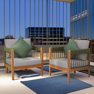 [Set of 2] Acacia Wood Lounge Chair - Handwoven Rope Accents & Water-Resistant Cushions