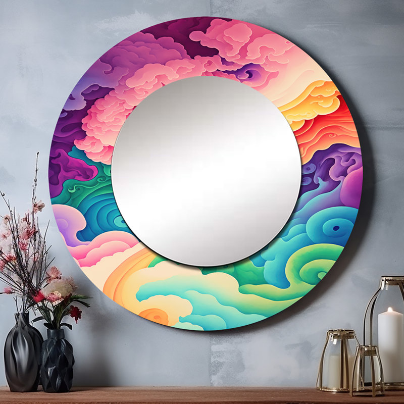 Phulbi multicolore Swirly Clouds II - abstrait spirales grand miroir, rose rond, miroir mural unique, art imprimé en métal