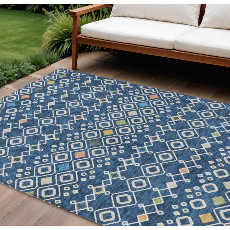 Tapis intérieur / extérieur ivoire et pêche géométrique lavable 9 pi x 12 pi bleu marine