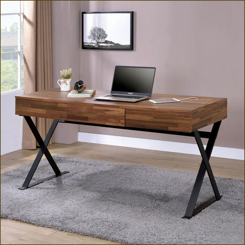 Bureau d'ordinateur L 59 po avec 3 tiroirs, USB et amp; Bureaux Prise de courant | Noir | Métal, bois