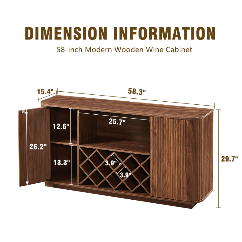 58" Modern Sideboard with Adjustable Shelves, Wine Cabinet With wine rack and glassware holder, Walnut