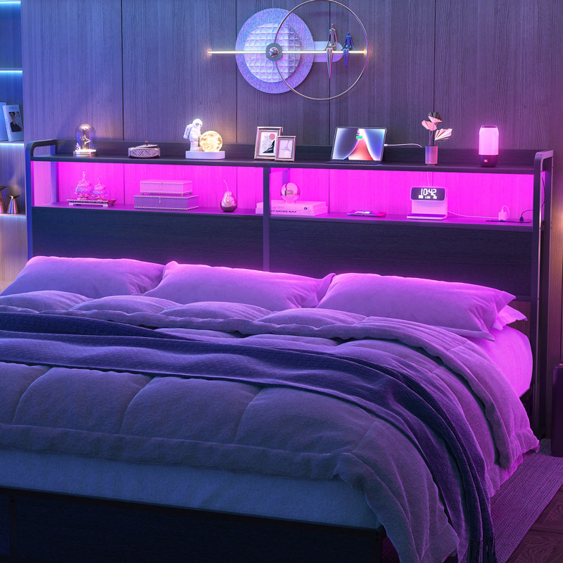 Storage Headboards With Outlets,USB Ports And LED Light, King, Black