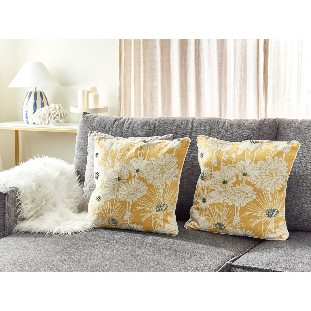 Davila Floral Yellow Square Throw Cushion With Filling