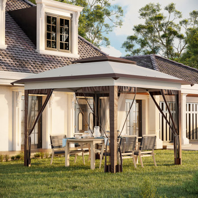 Auvent escamotable pour les parties de patio - 12 'X avec filet de filet réglable en hauteur pour couverture de jardin beige / brun