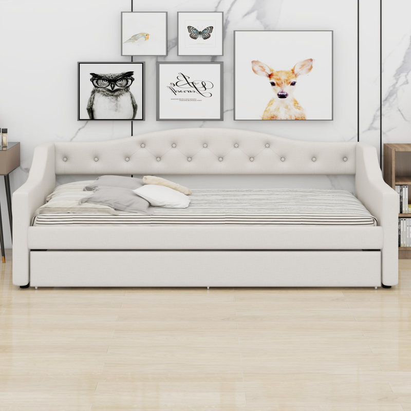 Upholstered Daybed With LED Belt And Trundle, Beige