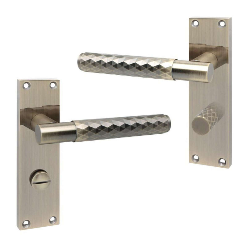 Golden Grace Victorian Design Knurled Diamond Cut Bathroom Handle on Backplate Antique Brass Finish with Bathroom Mortise Lock - 150mm x 40mm