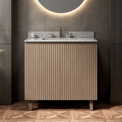 Meuble-lavabo de salle de bain 91 cm (36 po), meuble autoportant, comptoir en granit naturel et lavabo en céramique avec 3 trous pré-percés pour robinetterie, démonté, sans robinetterie, sans bonde et sans couvercle de lavabo