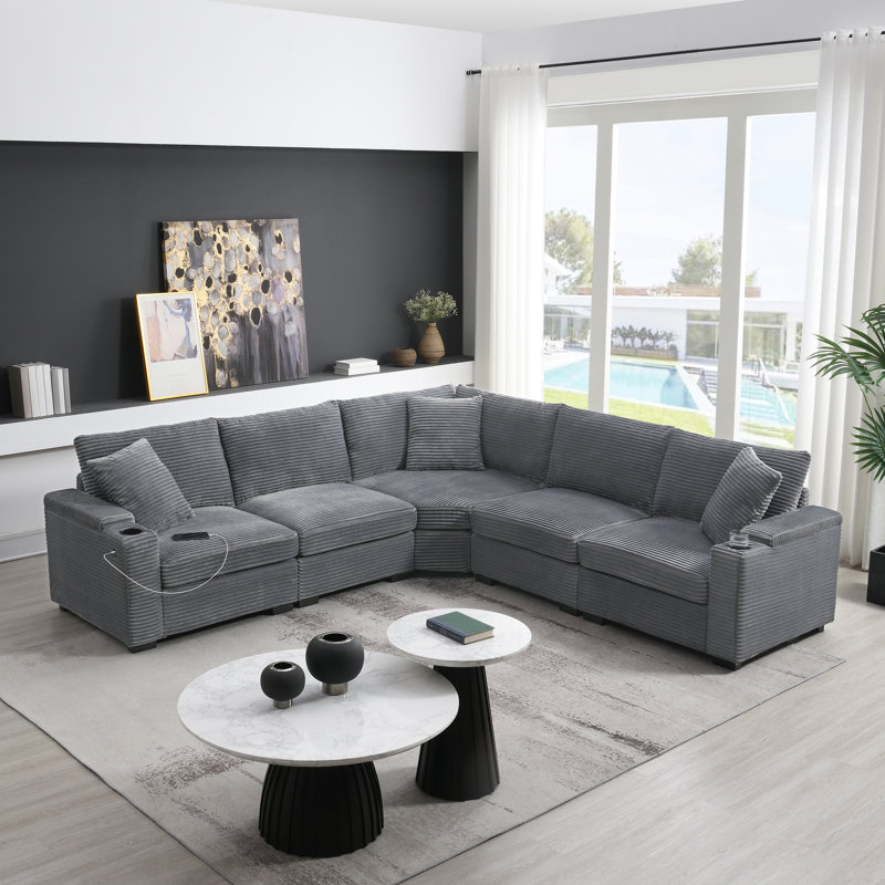 5 - Seater Upholstered Corduroy Fabric Sectional, Gray Corduroy