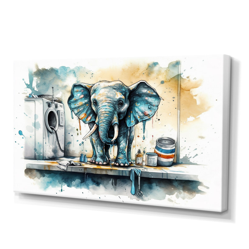 Éléphant gris dans la salle de lavage I - impressions sur toile d'éléphants animaux, H 12 po x l 20 po x P 1 po