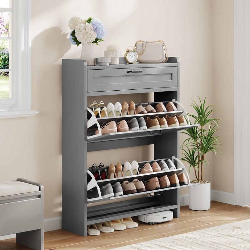 Shoe Cabinet with 2 Flip Drawers & 1 Top Drawer, Wooden Shoe Organizer Cabinet with Adjustable Shelf, Freestanding Shoe Storage Cabinets
