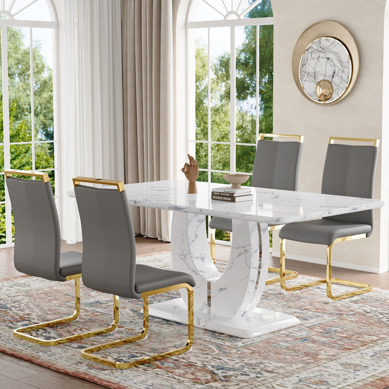 Ensemble de table de salle à manger, Gris/doré, Marbre blanc, 5 pièces