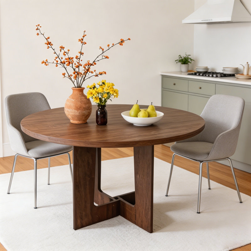 Round Dining Table for 4, 43" Small Farmhouse Circle Kitchen Dinner Table with Wooden Pedestal Base, Space Saving Wood Dining Room Furniture for Living Room, Apartment, Walnut