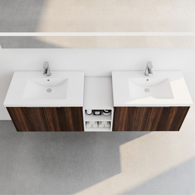 Meuble-lavabo moderne avec portes à fermeture en douceur de 72 po, armoire de 30 po et 12 po, rangement supplémentaire, finition murale noyer