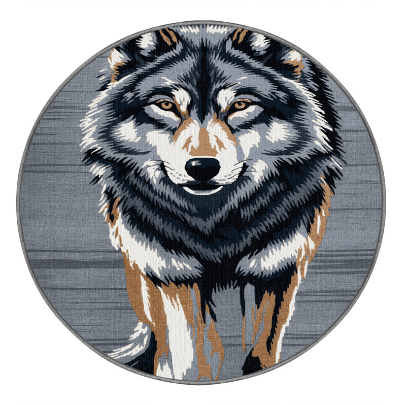 Washable Gray Wolf Wildlife Area Rug, Round 4'