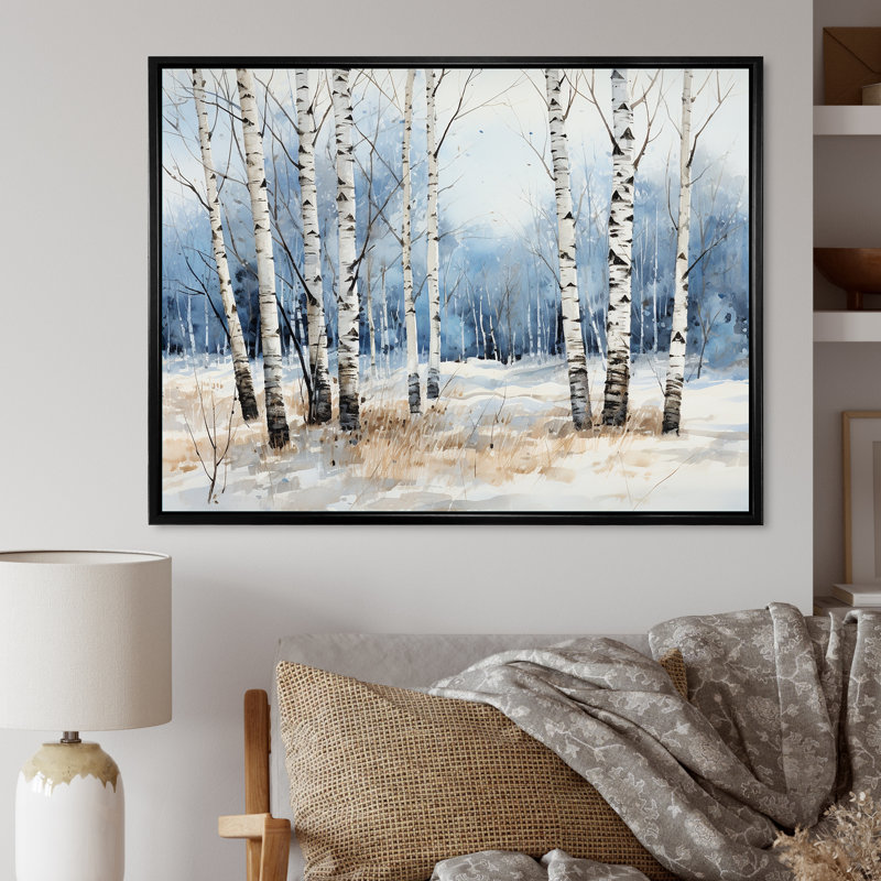 Bois de bouleau blanc et bleu en hiver - Art mural bouleau, H 24 po x l 32 po x P 1 po, Cadre flottant noir