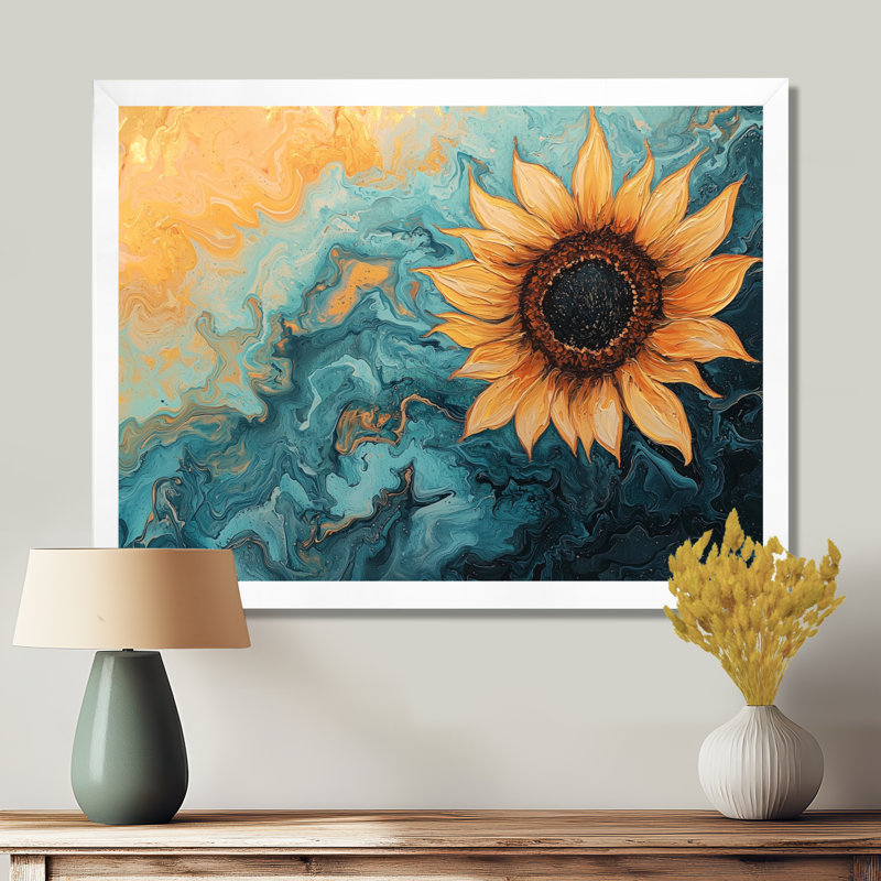 Marbre symphonie d'un tournesol II - impression sur toile de tournesol, H 30 po x l 40 po, Blanc
