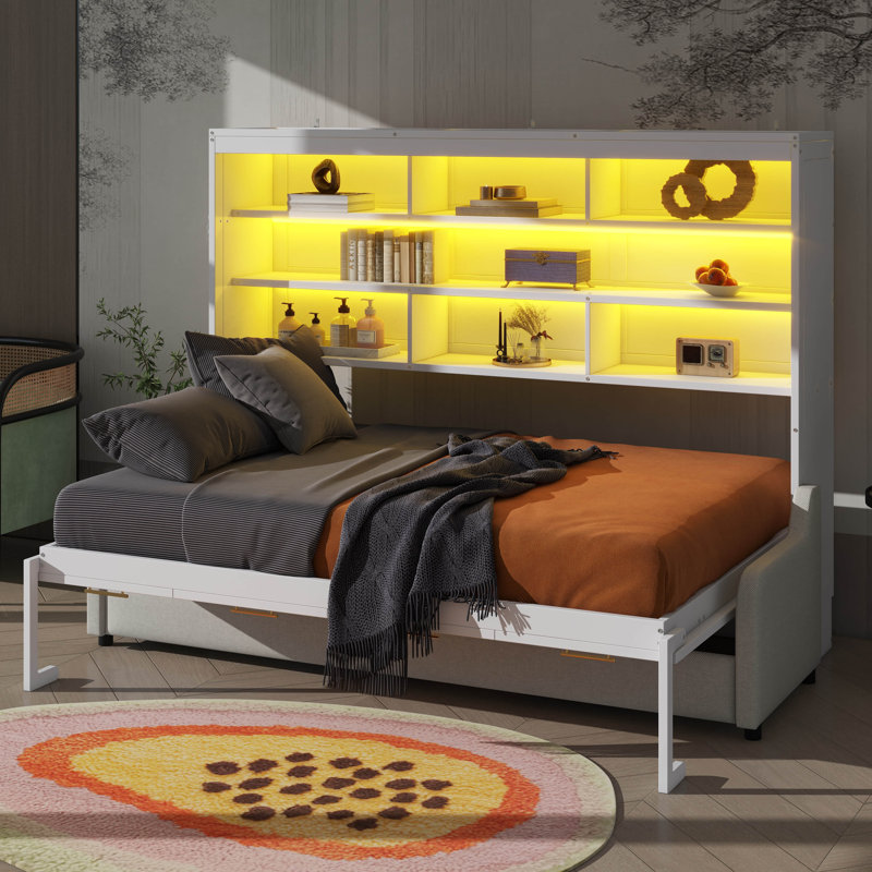 Lit escamotable mural Murphy avec canapé transformable, supports de rangement intégrés et DEL rayonnante, Lit double