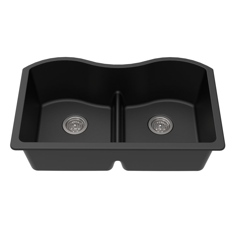Évier de cuisine en granite à double cuve encastrable L 33 po x l 20 po, Noir