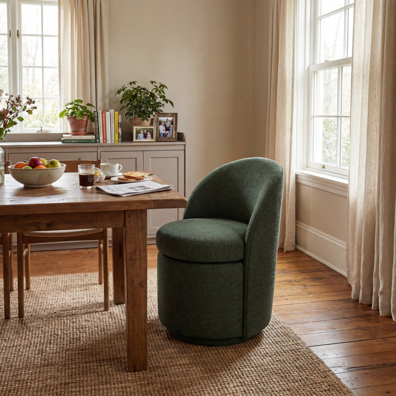 Upholstered Swivel Dining Chair, Boucle Fabric Barrel Kitchen Chair, Wingback Side Chair, Vanity Chair, Green