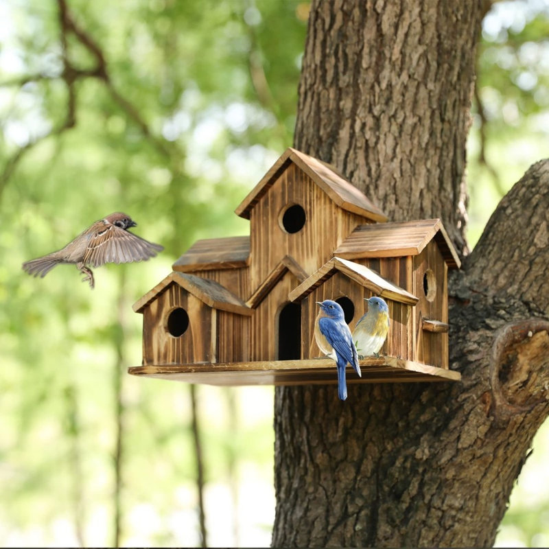 Rustic Multi-Room Birdhouse For Small Birds, Handmade Cedar Construction