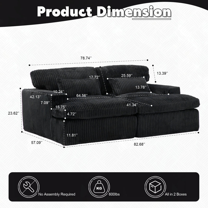 Canapé-lit désossé surdimensionné rembourré, H 37,01 po x l 82,68 po x P 57,09 po, Noir