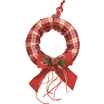 Red Plaid Christmas Wreath with Burlap Bow and Pine Accents - 16-Inch Unlit