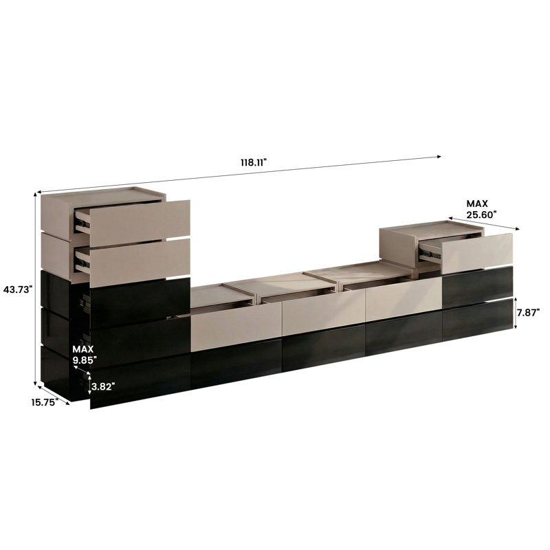 Heckman Modern Modular TV Stand With 14 Drawers, Modular Assembly, Black/Beige