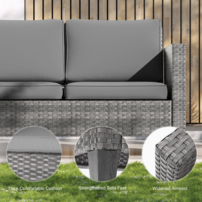 7 Pieces PE Rattan Furniture Set with Side Table and Cushion, Gray, Gray