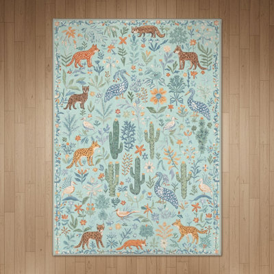 Aarna Flora Fauna Boho Machine Washable Green / Blue / Brown Indoor Kids Area Rug with Non-SlipBacking