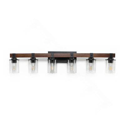 Applique murale de salle de bain 42 po à 6 lumières de style rustique 42 po avec abat-jour en verre et accent de bois, luminaire campagnard moderne (ampoules non incluses)