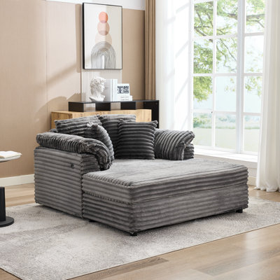 Oversized Chaise Lounge Chair Indoor, Comfy Corduroy Lounge Sofa with Charging Station, Wide Armrest Pads & Throw Pillows