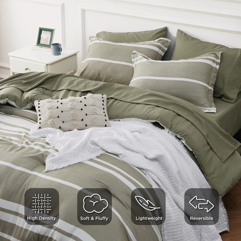 Bedsure Striped All Season Comforter Set, Full Comforter + 6 Additional Pieces, Olive Green