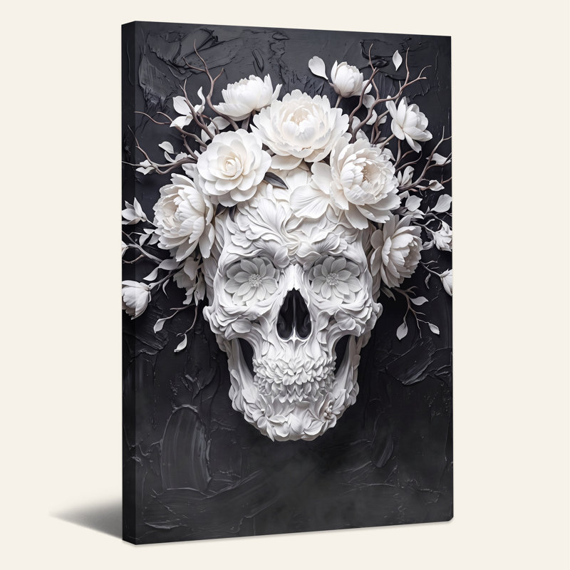 Art mural en toile blanche crâne floral blanc sur fond texturé foncé Halloween, H 30 po x l 20 po