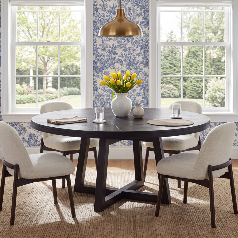 Pelia 72 " Extendable Pine Round Solid Wood Top with Solid Wood Base Dining Table, Dark Carbon