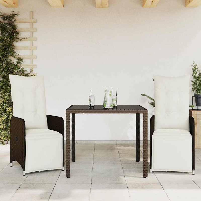 Ensemble bistro de patio avec coussins en rotin de polyester brun, H 29,5 po x l 35,4 po x P 35,4 po, 2