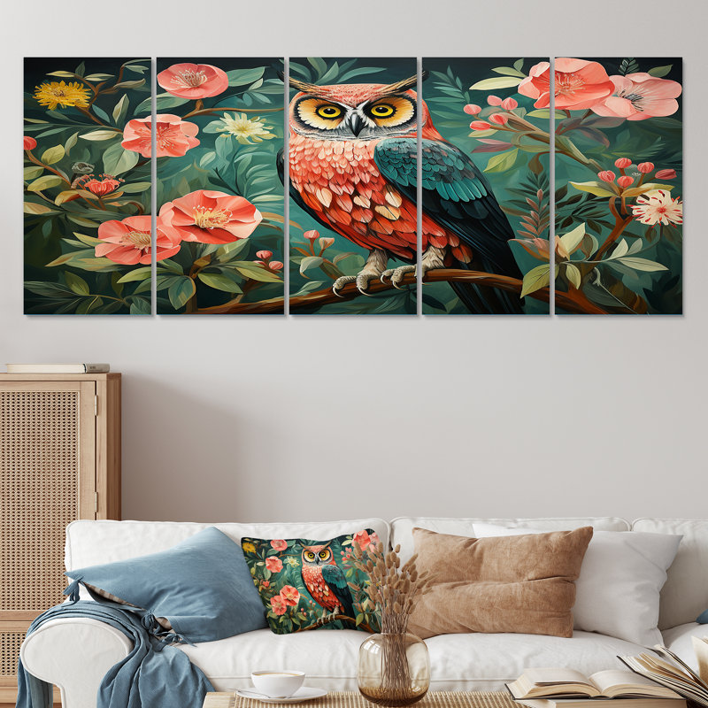 "Hibou rose et gris dans le style Matisse V, 5 pièces" - 5 pièces, H 28 po x l 60 po