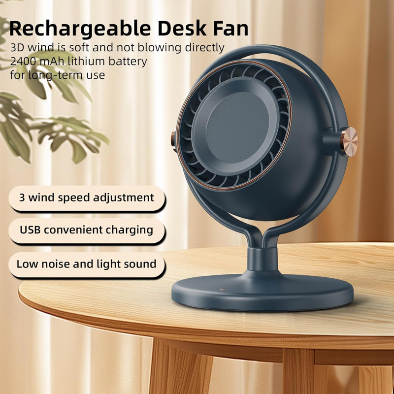 Ventilateur de bureau, ventilateurs de table, ventilateur silencieux de 7,5 pouces pour la chambre à coucher, ventilateurs de table, ventilateur de bureau rechargeable, ventilateur de bureau portable, ventilateur de bureau, 3 vitesses, peut être ajusté