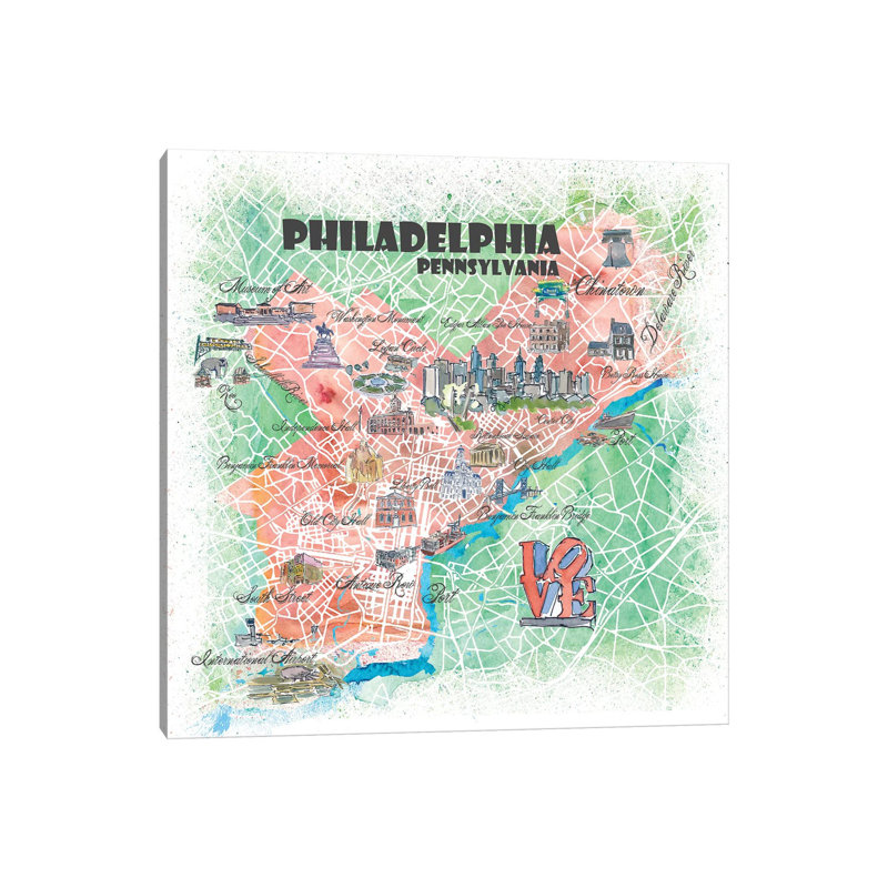 Philadelphia Pennsylvania Illustrated Map by Markus & Martina Bleichner - Wrapped Canvas Gallery-Wrapped Canvas Giclée