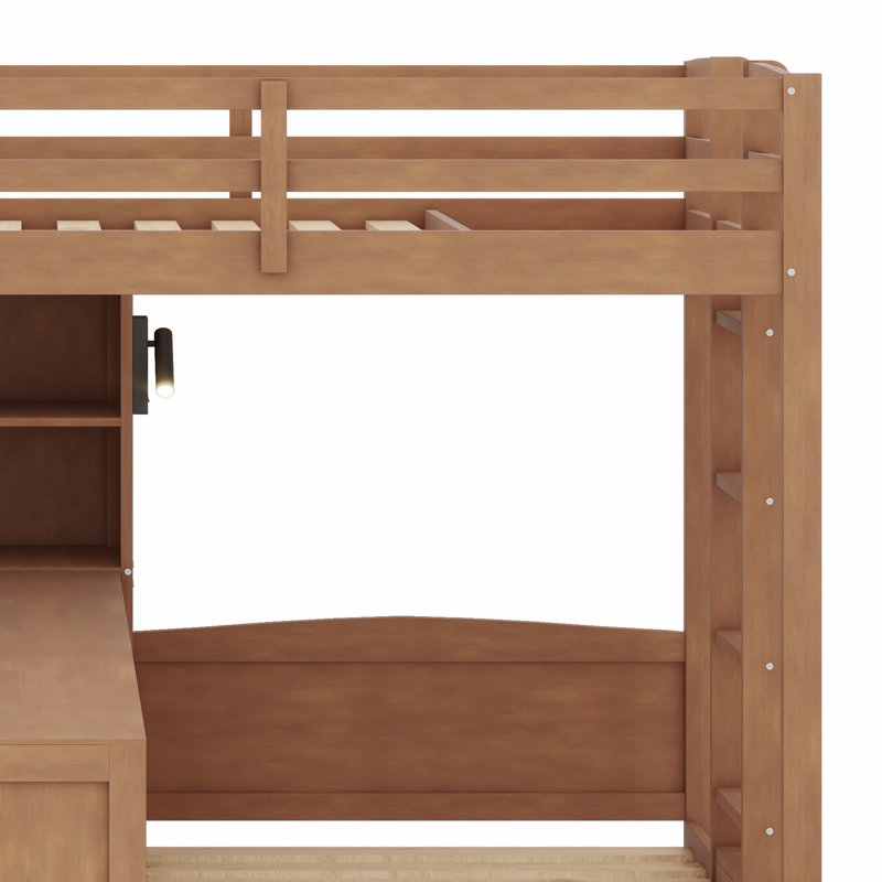 Lit superposé en bois 3 en 1 avec bureau intégré, tablettes de rangement et lampe de lecture, Naturel