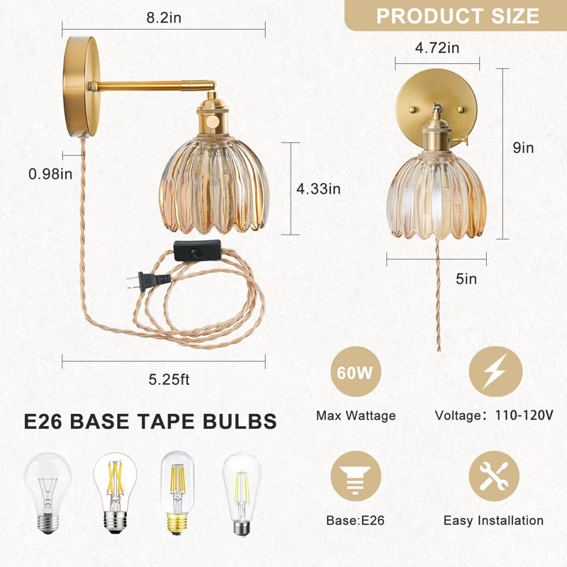 Plug in Wall Sconces Set of 2, Vintage Wall Sconce Light with Tulip Amber Glass Lampshade, Wall Sconce with Switch and Plug in Wall Lamp Cord, Gold Wall Light Decor Set of 2