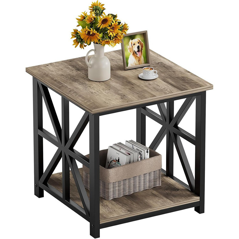 Large Side Table With 2-Tier Storage Shelf, Modern Farmhouse Nightstand For Bedroom, Living Room, Or Office, Grey Wash Finish