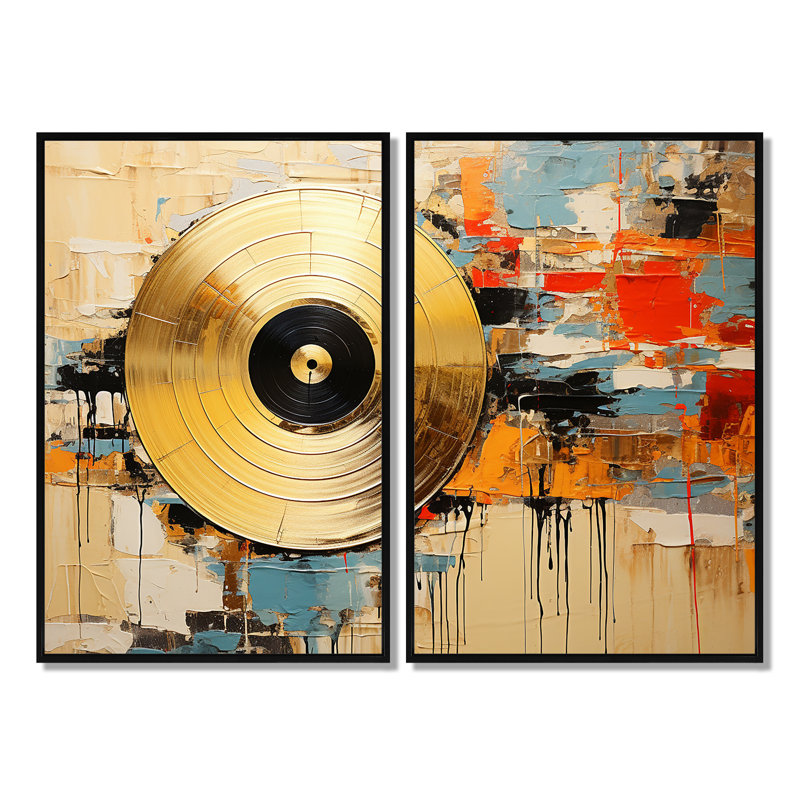 Minimalisme, disques vinyle - art mural toile dorée, Noir, H 36 po x l 48 po, Impression encadrée flottante